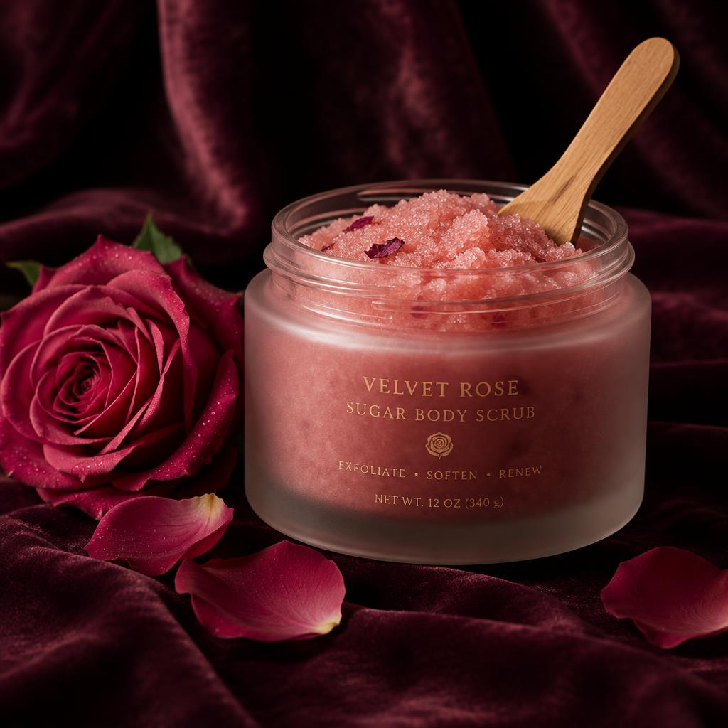 Frosted jar of rose sugar scrub with fresh rose petals