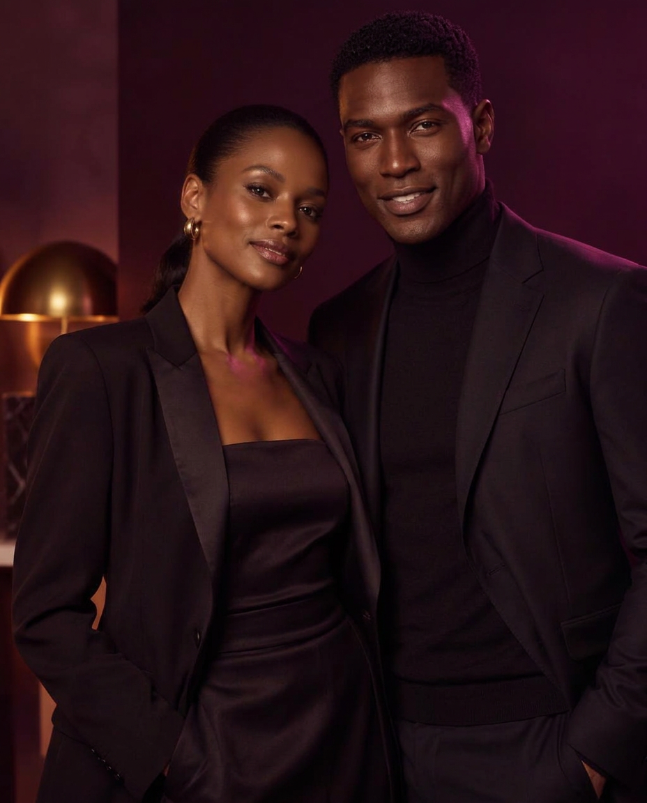 Two adult models in a warm plum-toned studio