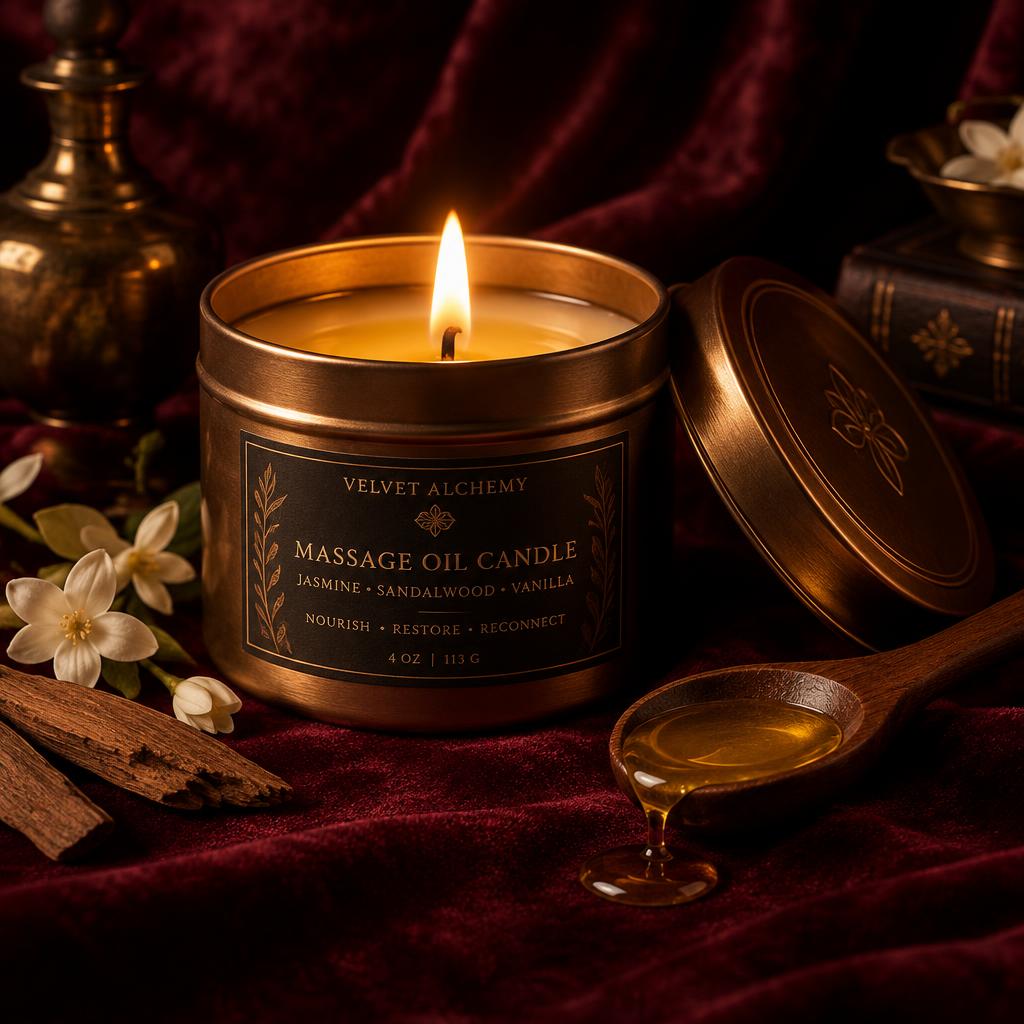 Bronze tin massage candle burning with melted oil on a wooden spoon